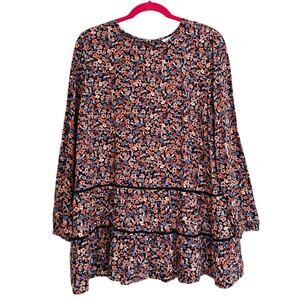 J Jill Floral Blouse Tiered Tunic Boho Cottage Smocked Long Sleeve Womens Large